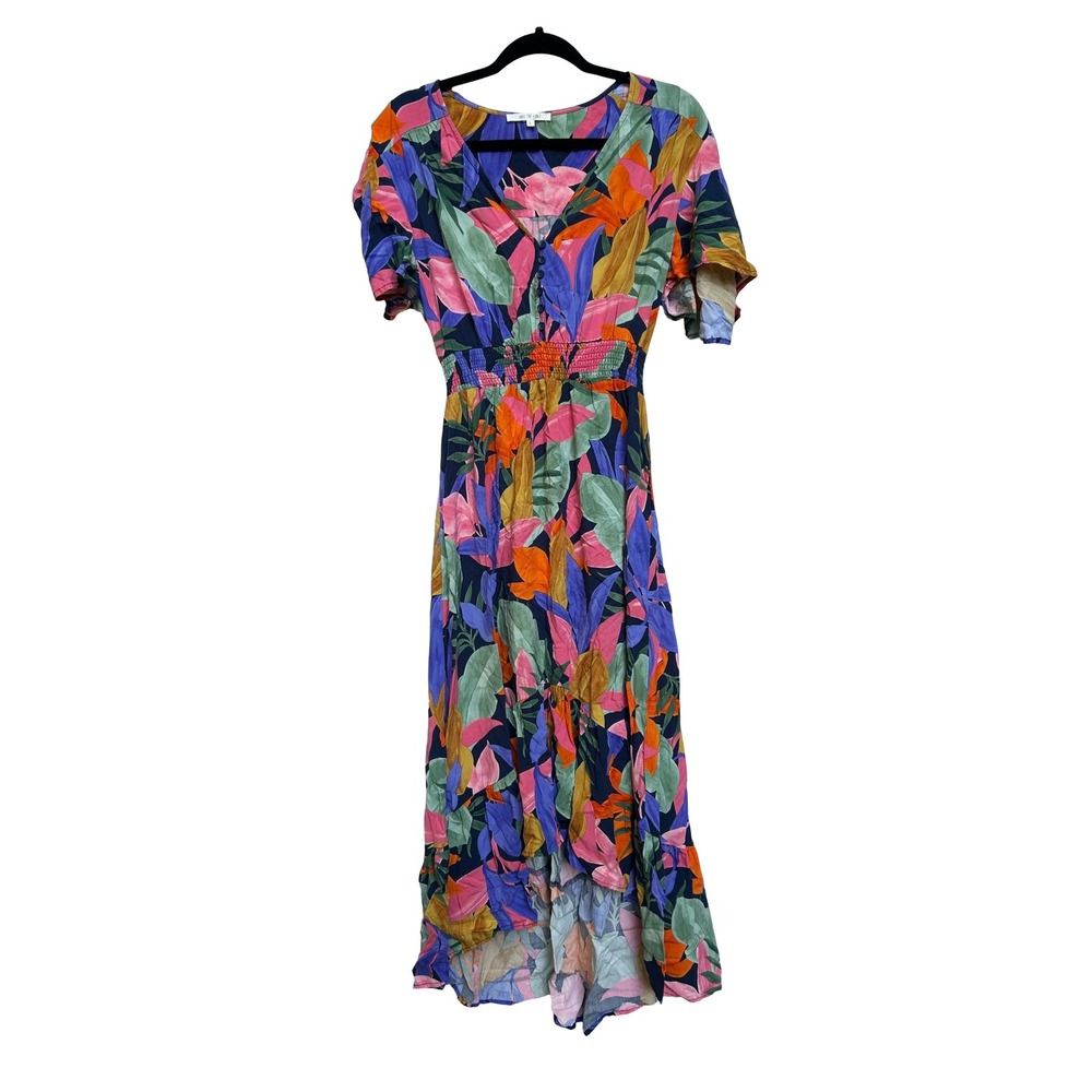 Abel the Label Floral High Low Midi Dress Tropical V-Neck Smocked Waist Large